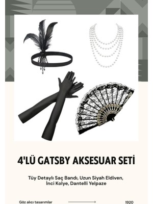 1920'LER Kostüm Partisi 4'lü Aksesuar Seti - Saç Bandı Uzun Eldiven Inci Kolye Dantelli Yelpaze