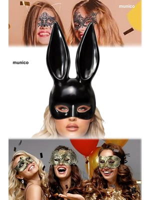 Munico 3 Adet Kostümlü Parti Sexy Siyah Renk Tavşan Maske Uzun Kulaklı, Lastikli Yapı | Maskeli Balo Tiktok