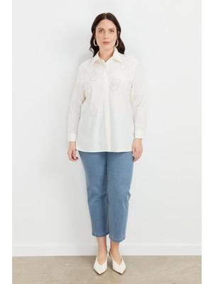 Accort Büyük Beden Çiçek Desenli Gömlek-Kemık