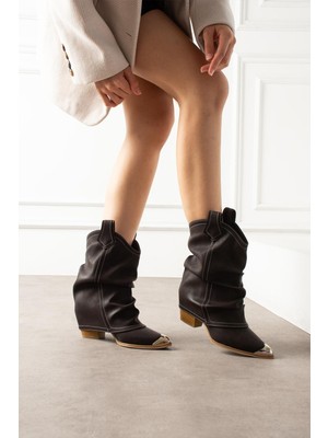 Shoetek Sasilya Kadın Kovboy Bot Körüklü  Burun Demirli Kahverengi Mat Deri