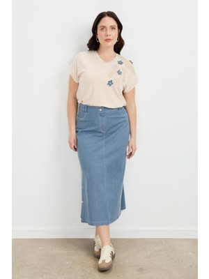 Accort Büyük Beden Çıtçıt Detaylı Kot Etek-Mavi