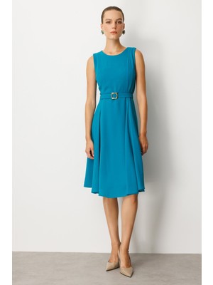 Accort Cep Detaylı Kolsuz Krep Elbise-Turkuaz