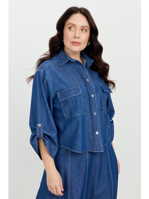 Accort Büyük Beden Cepli Kot Gömlek-Lacı