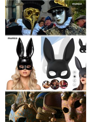 Munico Siyah Uzun Kulaklı Tavşan Maskesi Ekstra Lüks Yumuşak Plastik Lastik Rahat Kullanım Hallowen