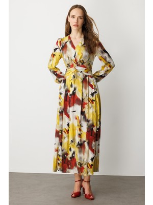 Accort V Yaka Desenli Uzun Elbise-Sarı