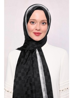 Lêvi D'or Siyah - Gri Çizgili Dama Desen Monogram Şal