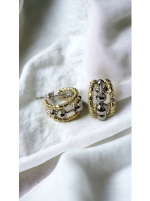 Cesicey Kadın Çelik Kenarları Gold Ortası Gümüş Renk Tasarım Halka Küpe