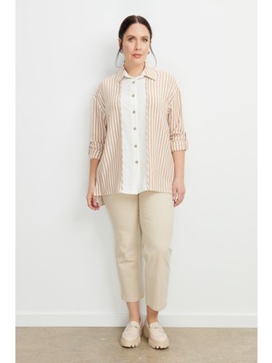 Accort Büyük Beden Çizgi Detaylı Gömlek-Camel