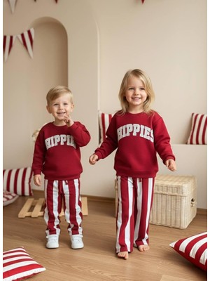 Cg Kids Chippies Kabartma Baskılı Kız - Erkek Çocuk 3 Iplik Alt Üst Takım Süper Kalite Fırçalı Kumaş Çizgili Detay Eşofman