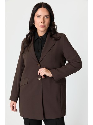 Accort Büyük Beden Çift Düğmeli Krep Ceket-Kahve