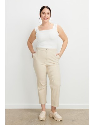 Accort Büyük Beden Arkası Lastik Kot Pantolon-Bej