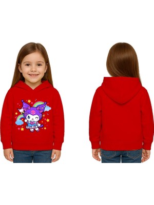 Sedirli Unisex Baskılı Çocuk Swaetshirt Kapüşonlu 3 Iplik Şardonlu Kuromi Baskılı