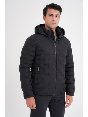 Efor Erkek Slim Fit Kapüşonlu Yan Cepli Kaz Tüyü Siyah Şişme Mont MT 177