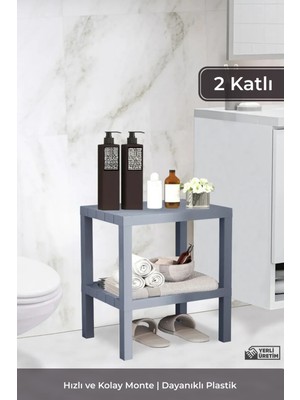 Brambe Life 2 Katlı Ombeg Banyo Mutfak Düzenleyici Dekoratif Plastik Çok Amaçlı Saksılık Kitaplık Gri