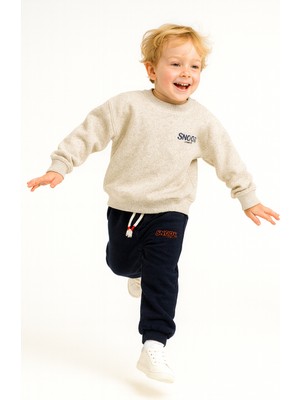 Mini Bambi Erkek Çocuk Pelüş Sweat Eşofman Alt Takım Krem