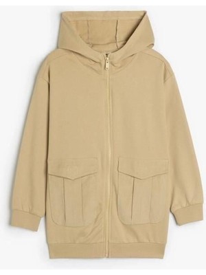 Three Sisters Butik Koton Çocuk Oversize Kapşonlu Fermuarlı Sweatshirt Cepli Uzun Kollu Pamuklu Şardonlu