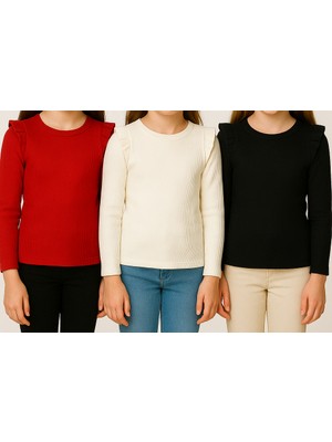 Özge Başaran Kız Çocuk Kız Bebek 3lü Uzun Kollu Ribana Badi Seti 3 Lü Badi Seti Fırfır Detaylı %100 Pamuk