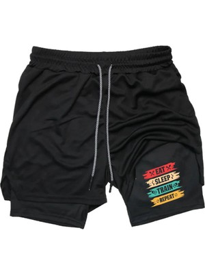 Maki Home Hızlı Kuruyan 2in1 Yetişkin Unisex Eat Sleep Train Repeat Baskılı Taytlı Şort Fitness Gym Antrenman