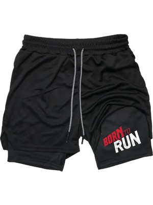 Maki Home Hızlı Kuruyan 2 In 1 Yetişkin Unisex Spor Born To Run Baskılı Taytlı Şort Fitness Gym Antrenman Halı