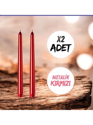 Denic 2'li Metalik Kırmızı -Şamdan Mum-Konik Mum