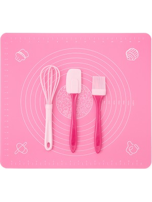 Primeaks Silikon Hamur Açma Matı 40X50 cm + 3’lü Mutfak Seti (Çırpıcı, Spatula, Yağ Fırçası)