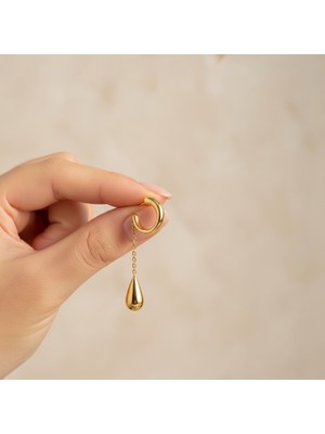 Sevil Gülgün Atelier Zincirli Damla Earcuff Küpe | Gold ve Silver Renk | Deliksiz Kullanım | Trend Sallantılı Küpe
