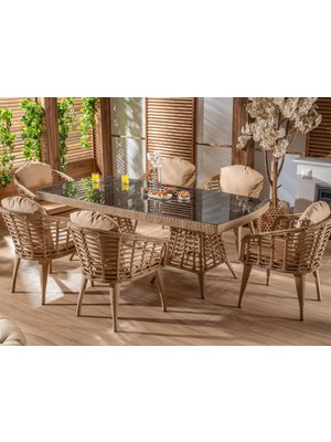 Storish Eyfel Rattan Masa Takımı 6+1 Cappuccino