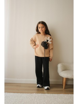 Sacro Kids Çiçek Desenli Çift Renkli Şardonlu 3 Iplik Sweatshirt-Eşofman Altı Kışlık Kız Çocuk Takım