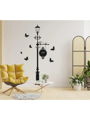 Aydın Garage Street Clock Sokak Lambası ve Kelebekler Dekoratif Duvar Sticker Duvar Süsü