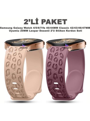 Dexmon Samsung Galaxy Watch 4/5/6/7/fe 40/44MM Classic 42/43/46/47MM Uyumlu 20MM Leopar Desenli 2li Silikon Kordon Seti