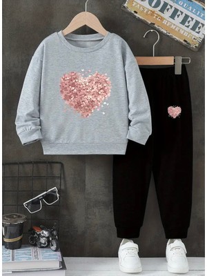 Kids Face Özel Tasarım Pembe Minimal Kalpler Baskılı Yuvarlak Yaka %100 Pamuk Kışlık Kız Çocuk Şık Eşofman Takımı