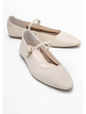 Lunaıre Ekru Hakiki Deri Tek Bantlı Sivri Burun Kadın Babet Ayakkabı
