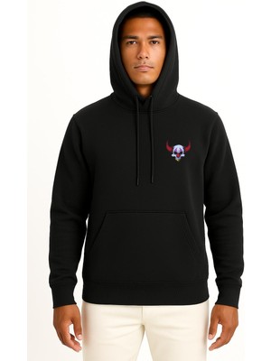 Bahriyeli Collection Kapüşonlu Boynuzlu Kuru Kafa Cep ve Sırt Tasarımlı Unisex Sweatshirt
