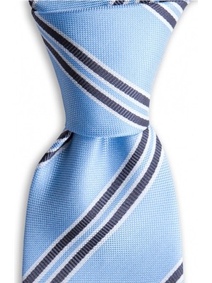 1001 Kravat Gri Çizgili 7,5 cm Genişliğinde Açık Mavi Ipek Kravat