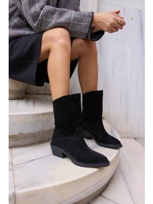 Angelina Jones Bellino Kadin Siyah Gercek Suet Astarsiz Western Bot