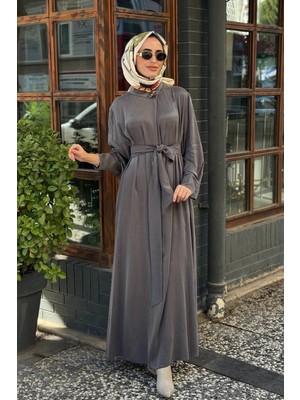 Clande Yaka Aksesuarlı Ipek Cupro Elbise 2502-5011 Antrasit