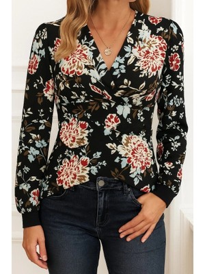 Kadın Uzun Kollu Kruvaze Yakalı Kelebek Desenli Şardonlu Dalgıç Bluz