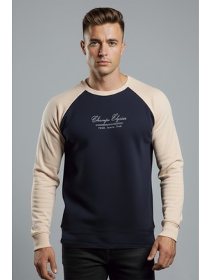 Deepsea Erkek Lacivert Fitilli Şardonlu Sweatshirt - Pamuklu, Likralı, Rahat Kalıp Sweatshirt 2601510