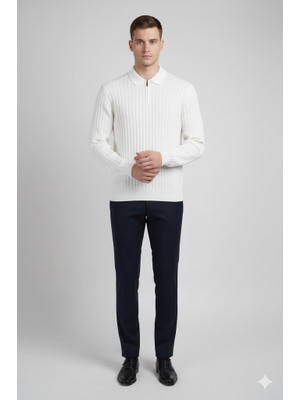 Deepsea Erkek Beyaz Slim Fit Polo Yaka Triko Kazak - Yumuşak Dokulu Esnek ve Şık Görünüm 2605305