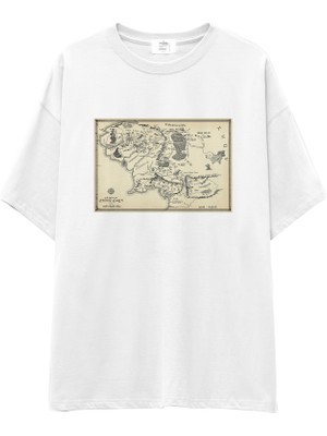 The Lucid Lab Yüzüklerin Efendisi Orta Dünya Haritası - Lord Of The Rings Oversize Tişört -Beyaz