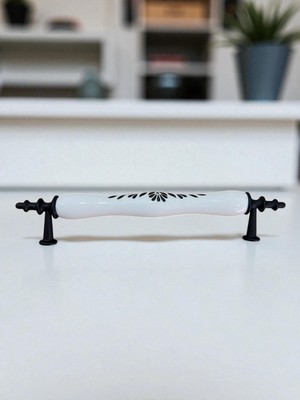 Deyhome Orijinal Porselen Kulp Siyah Yapraklı Floral Desenli 128MM(12.8CM) Mobilya Kapak Çekmece Kulbu