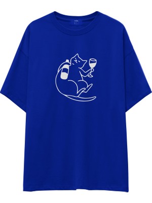 The Lucid Lab Wine Lover Cat Oversize Tişört - Mavi