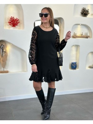 Hazego Kadın Uzun Kollu Yuvarlak Yaka Kol ve Etek Ucu Dantelli Kısa Ithal Krep Elbise