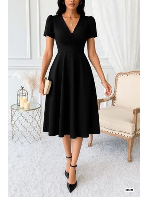 Moderie Butik Kadın Kruvaze Yaka Kısa Kollu Midi Boy Krep Kumaş Elbise