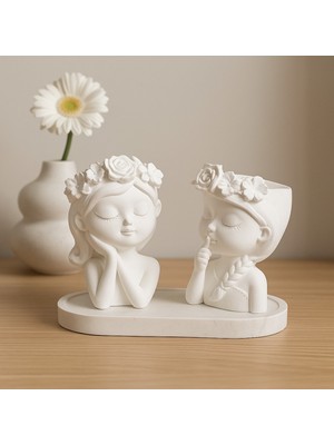 Sisay Home 2li Çiçekli Kız Mumluk, Skulent Çiçeklik, Dekoratif Biblo