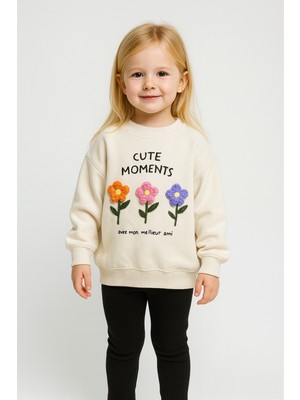 Mini Bambi Kız Çocuk 3 Iplik Kumaş Nakış Detaylı Fitilli Taytlı Alt-Üst Takım Krem