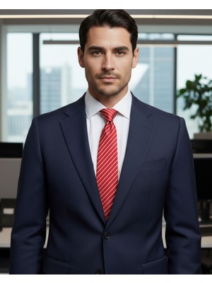 1001 Kravat Kırmızı Beyaz Çizgili 7,5 cm Genişliğinde Ipek Kravat