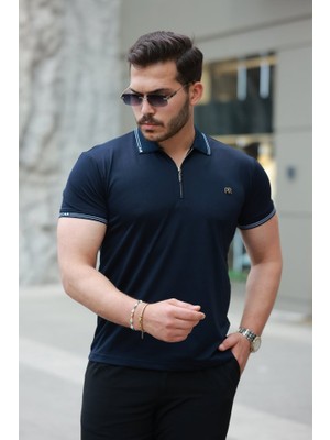 Moderie Butik Erkek Yaka ve Kolları Çizgi Detaylı Fermuar Yakalı Kısa Kollu Tişört