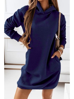 Moderie Butik Kadın Uzun Kollu Kapşonlu Kısa Iki Iplik Elbise