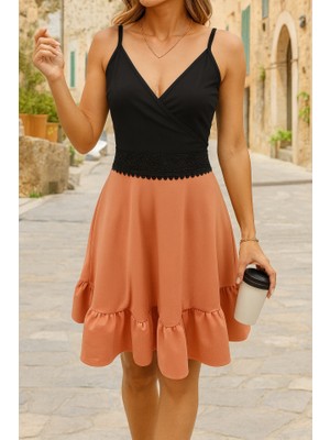 Moderie Butik Kadın Ip Askılı Kruvaze Yaka Bel Dantel Ithal Krep Elbise